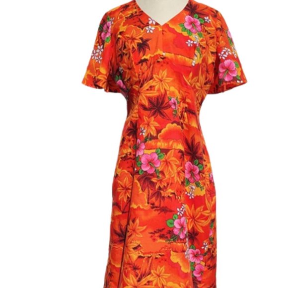 Royal Hawaiian Dresses & Skirts - Bright Orange Tropical 1970s Vintage Hawaiian Floral Print Dress Flutter Sleeves